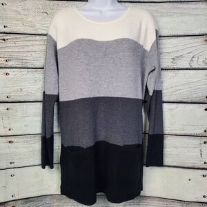 Vince Camuto Large Colorblock Knit Hoodie Sweater Brown Beige Gray Stripe Pullov